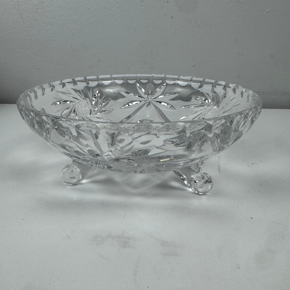 Vtg Footed Cut Glass Candy Dish Crystal Style Trinket Bowl Vanity‎ Decor